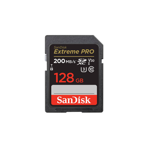 A 128GB Extreme PRO UHS-I SDXC Memory Card on a white background.