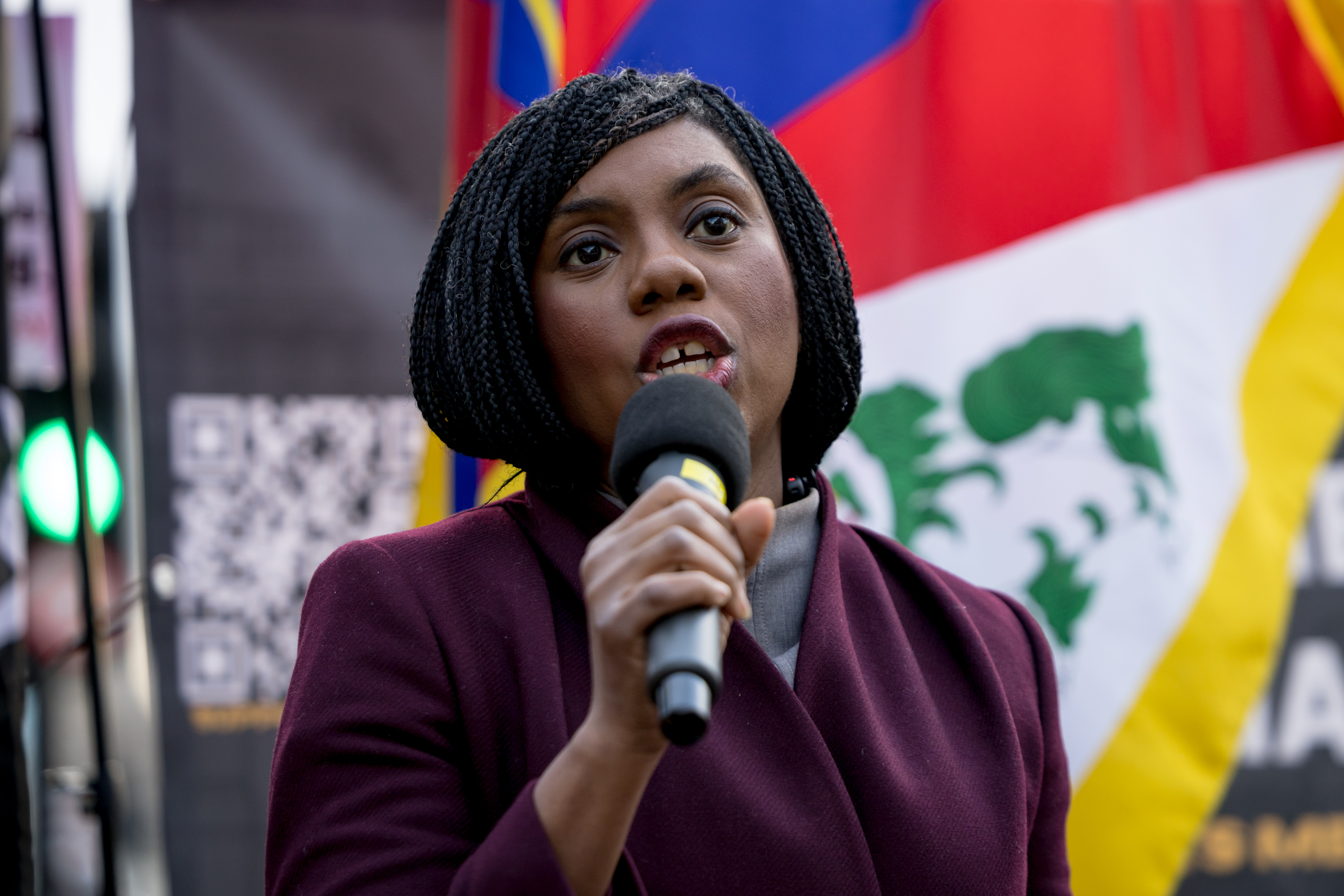 Badenoch speaks during a protest outside the site of a proposed new Chinese embassy in London on Saturday