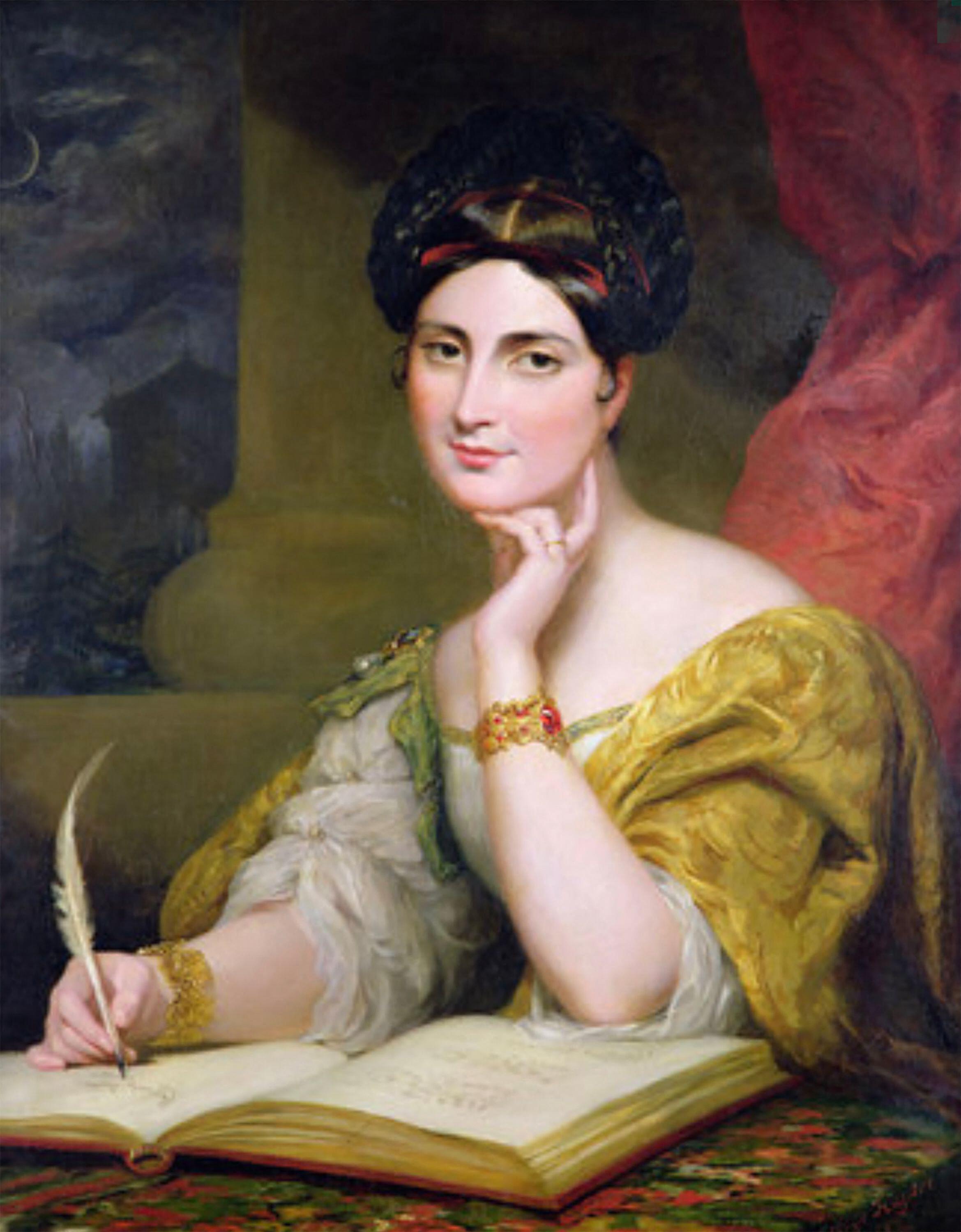 Painting of Caroline Norton, an English social reformer, poet, and novelist, writing in a book with a quill.