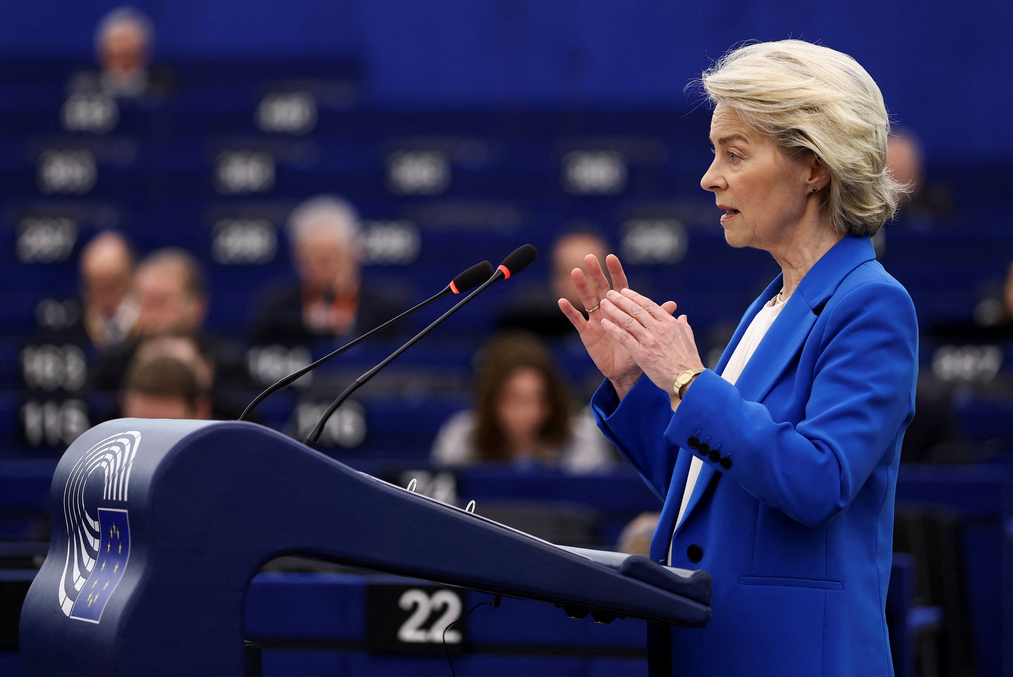 Ursula von der Leyen addresses the EU parliament in Strasbourg, France, on Wednesday