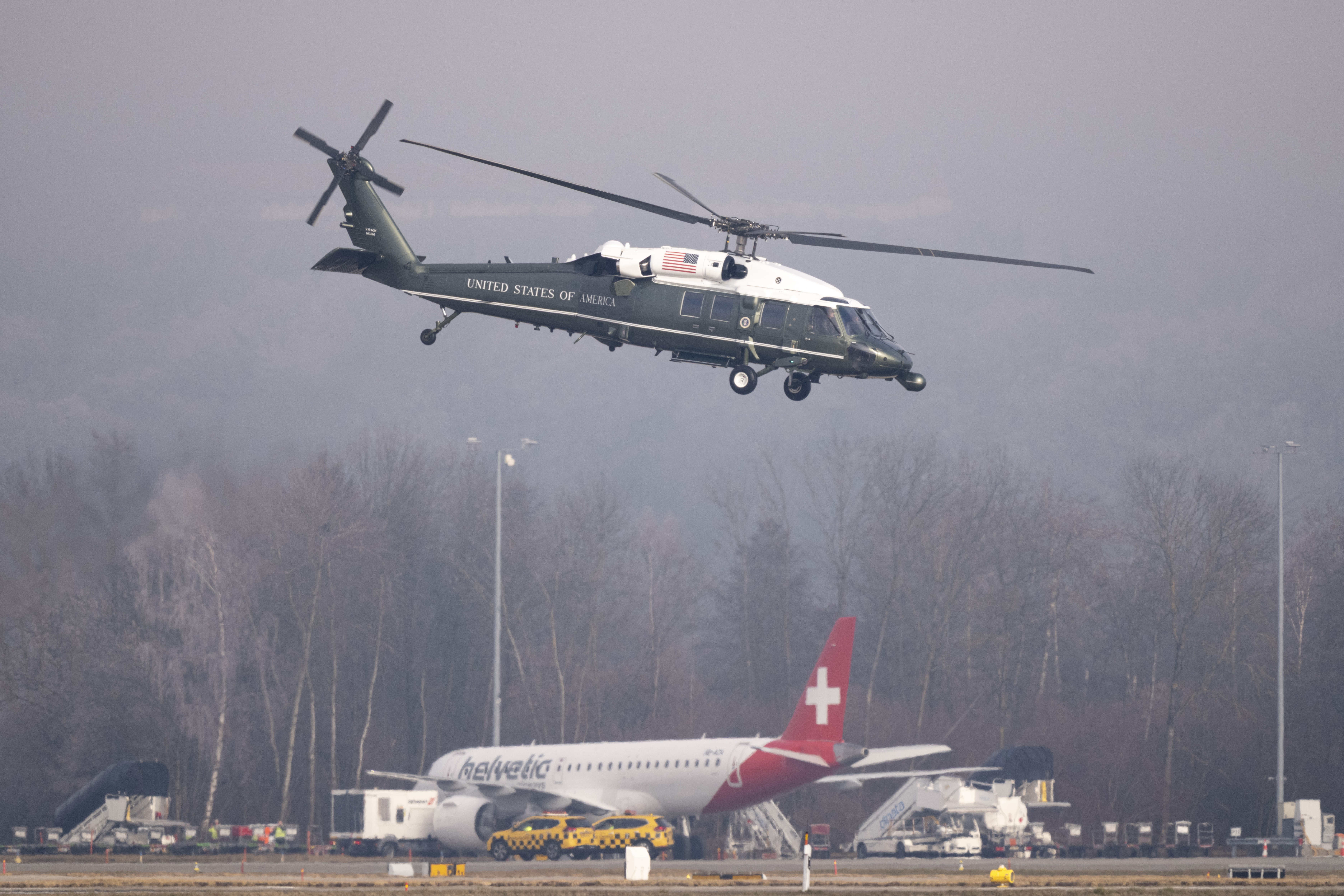 The Marine One helicopter carrying Trump departs from Zurich airport