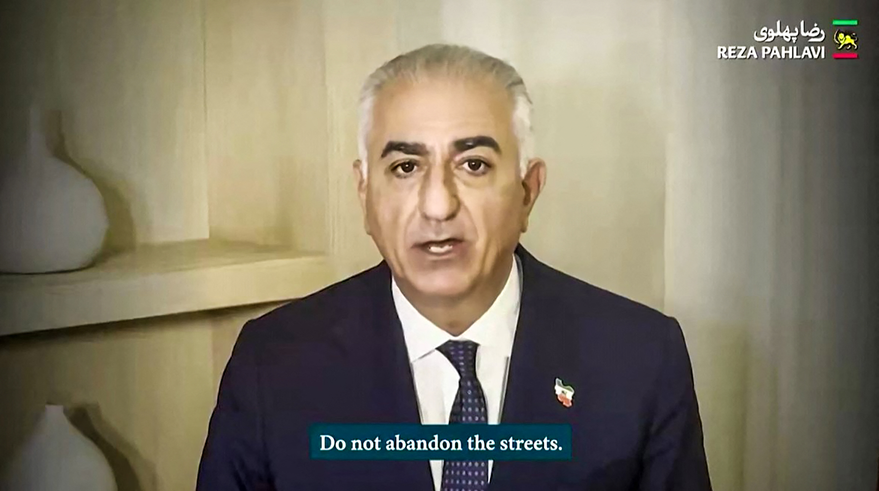 Reza Pahlavi, the US-based son of Iran's ousted shah, speaks in Farsi in a video message.