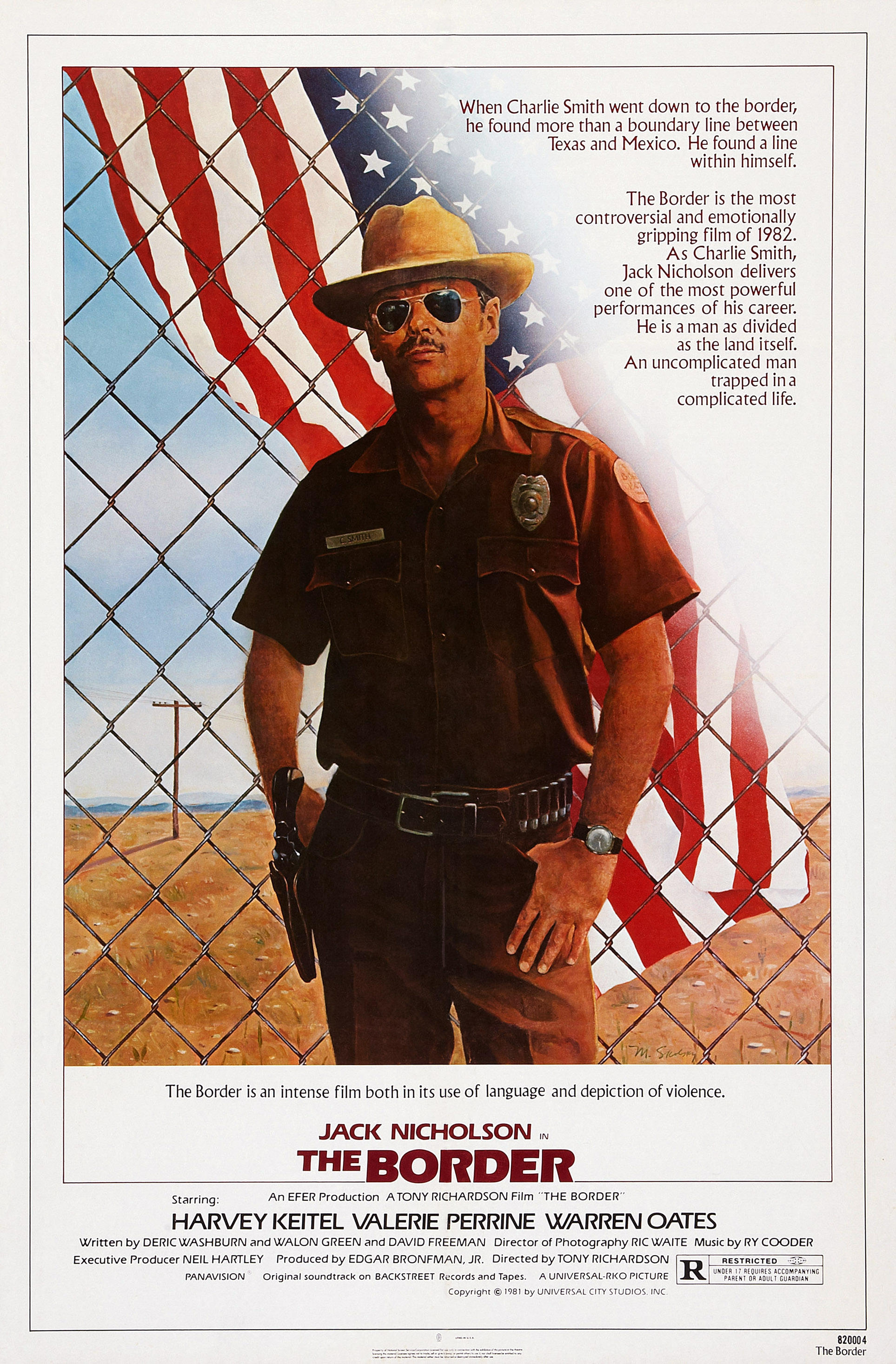 Illustration of Jack Nicholson as Charlie Smith, a border patrol agent, in the movie poster for "The Border."
