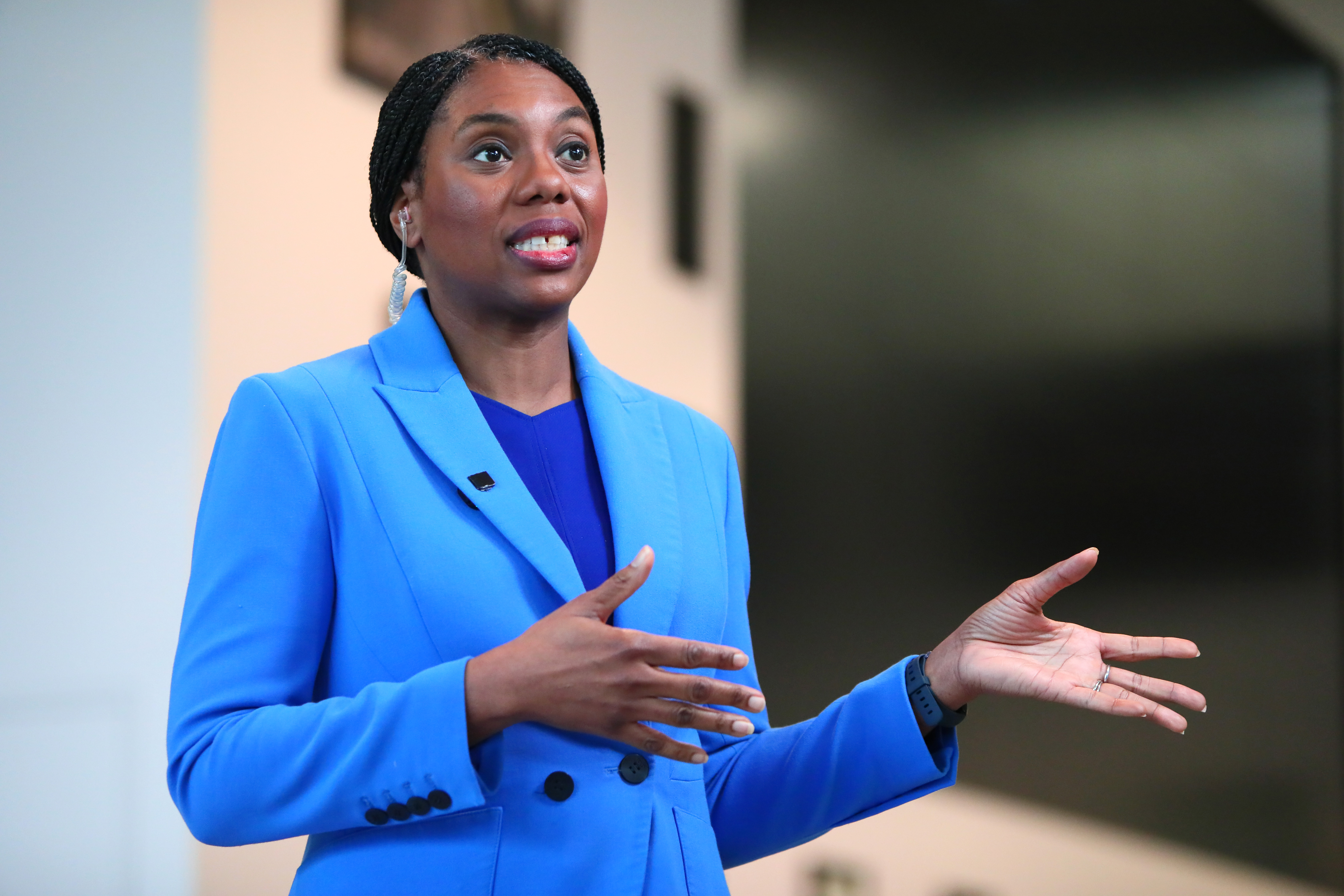 Kemi Badenoch, a Conservative leader, speaks at Joe Macari Performance Cars.