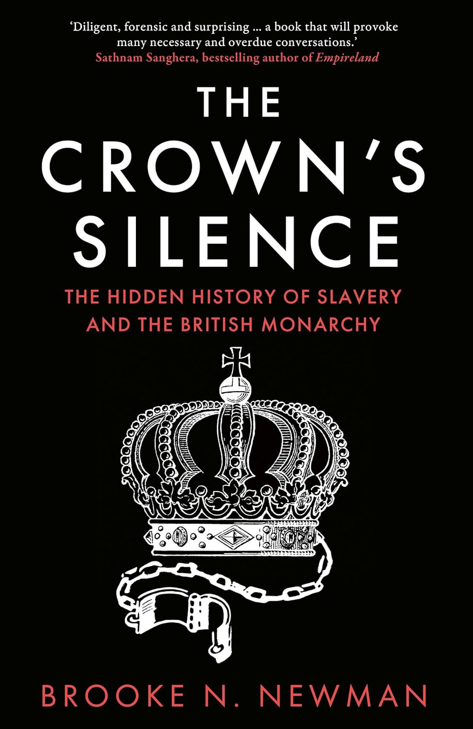 Book cover for "The Crown's Silence" by Brooke N. Newman, featuring an illustration of a crown with a shackle attached, against a black background.