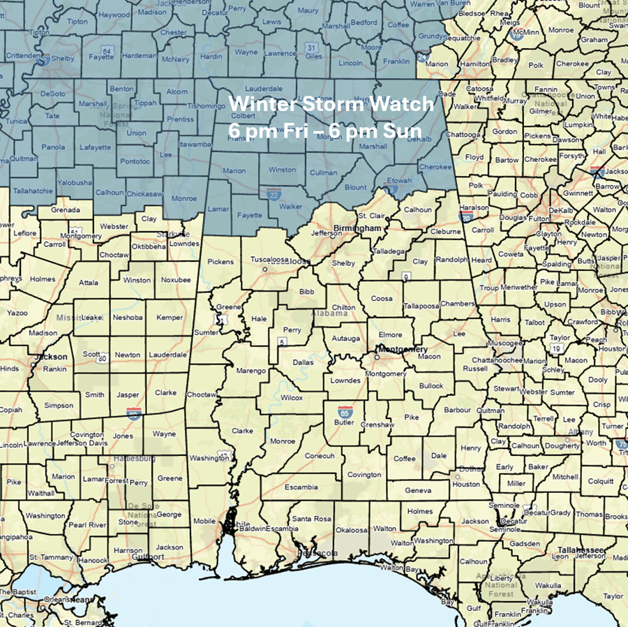 Ice and Snow Predictions for Alabama