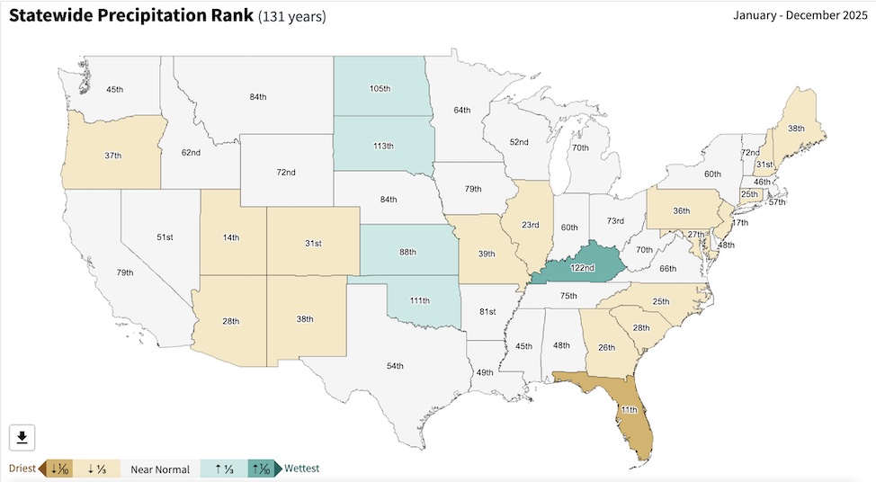 A map showing that some states, like Florida, were very dry in 2025 while others, like Kentucky, were very wet.