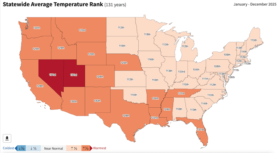 A map showing that every U.S. state was warmer than average with Nevada and Utah experiencing their warmest years on record.