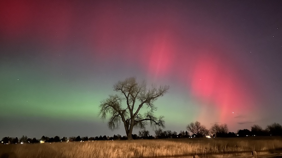 A beautiful photo of the aurora featuring pink and green waves.