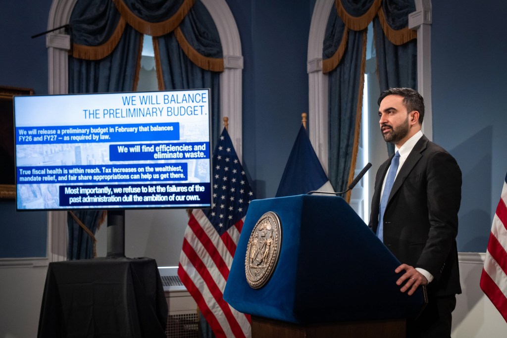 Mayor Zohran Mamdani speaks at City Hall about addressing a budget shortfall,