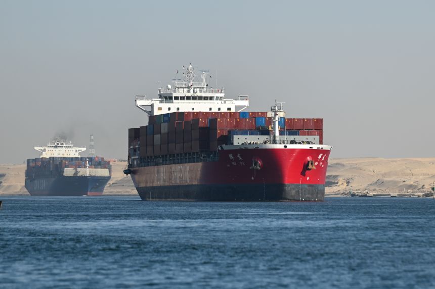 A ship transits the Suez Canal towards the Red Sea on January 10, 2024 in Ismailia, Egypt.