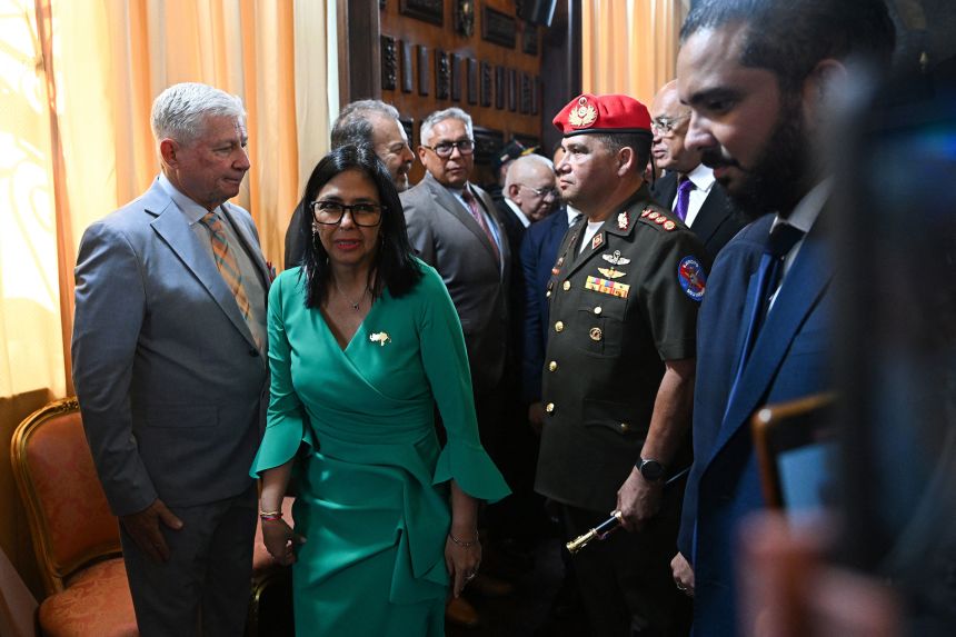 Venezuela's acting President Delcy Rodriguez leaves after a session of the National Assembly in Caracas on Monday.
