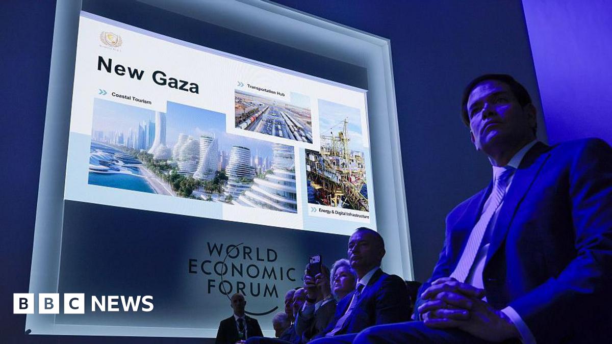 Secretary of State Marco Rubio listens to a presentation about US plans for the "New Gaza", during the signing ceremony for President Donald Trump's new Board of Peace, at the World Economic Forum in Davos, Switzerland (22 January 2026)