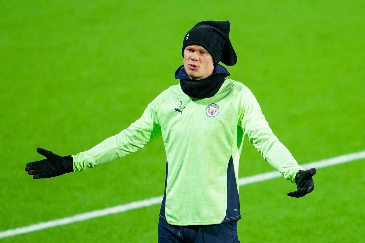 Manchester City's Norwegian forward Erling Haaland attends a training session in Bodo, Norway