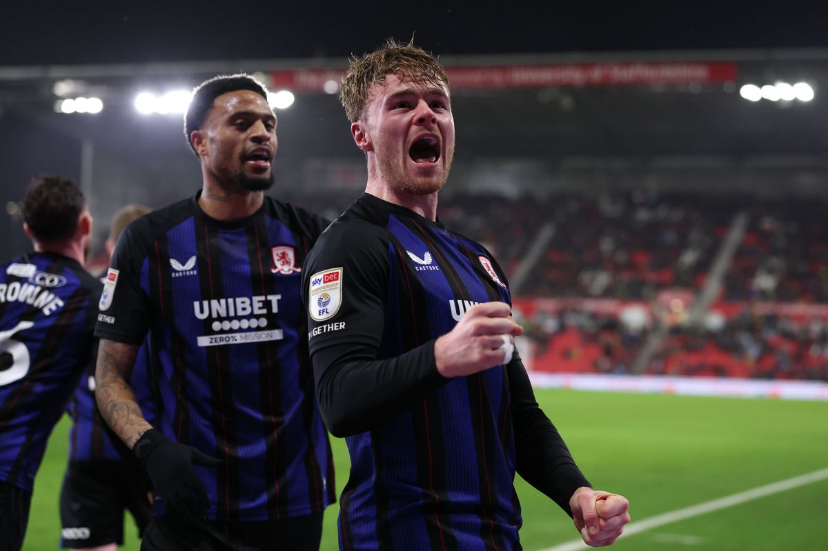 Tommy Conway of Middlesbrough celebrates after he scores