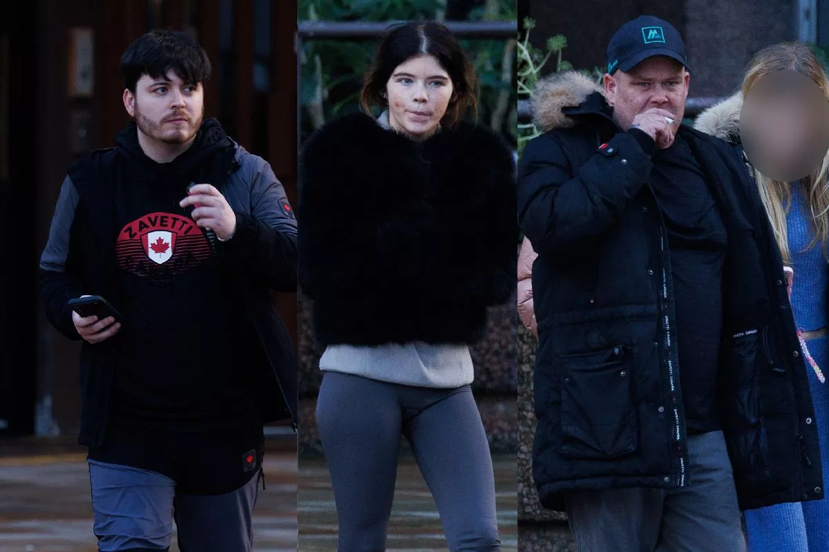Aaron Newsome, Caitlin Powell and Carl Powell outside Liverpool Crown Court