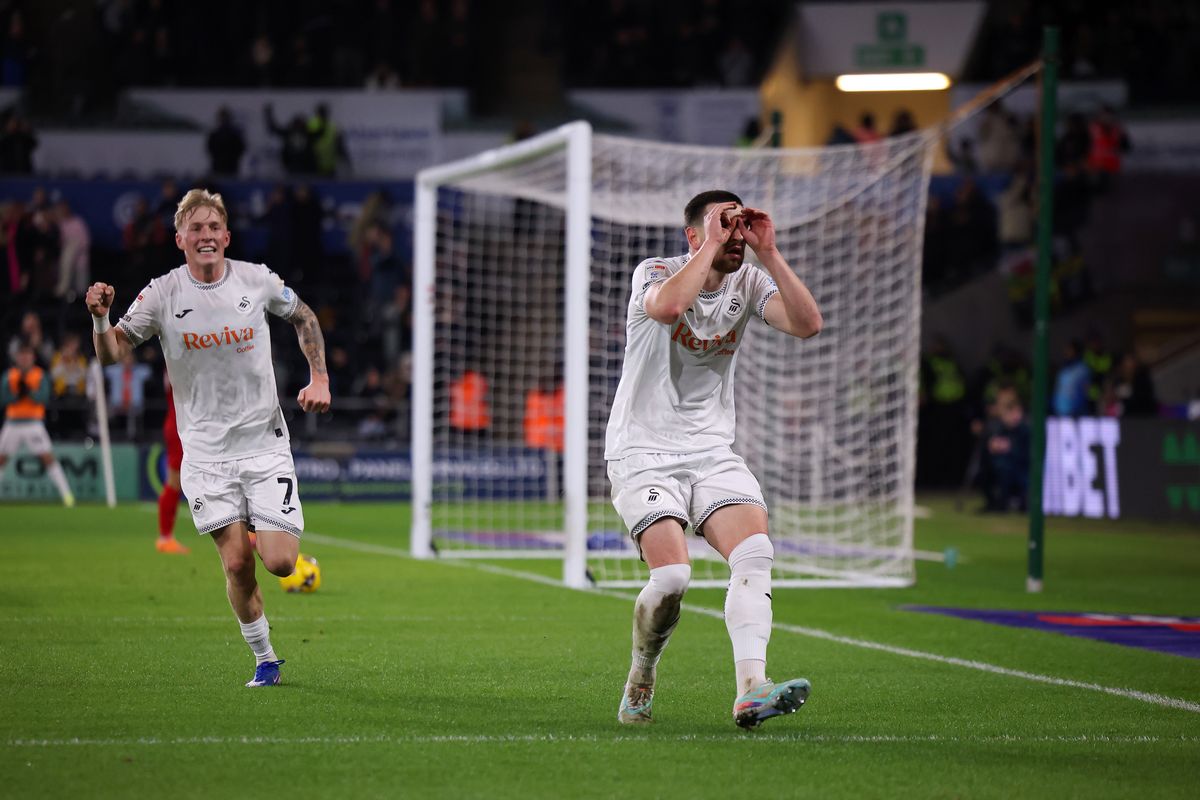 Zan Vipotnik of Swansea City celebrates scoring a goal to make it 1-0