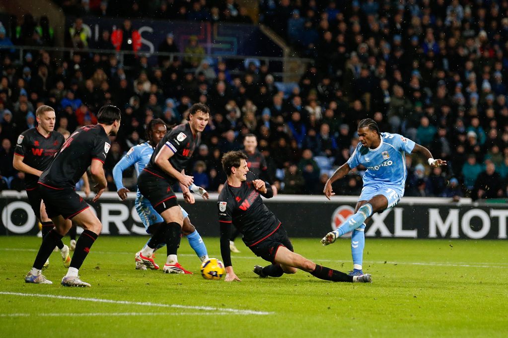 Haji Wright shoots to score the 2nd goal for Coventry City