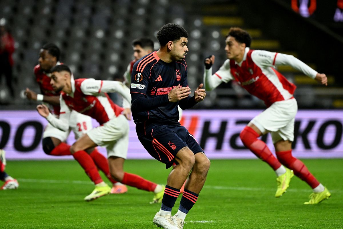 Nottingham Forest's Morgan Gibbs-White reacts to missing a penalty during the UEFA Europa League match at the Braga Municipal Stadium, Braga.