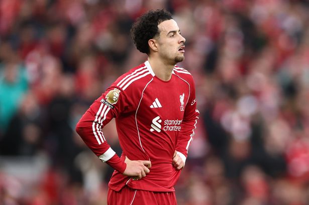 Curtis Jones reacts on the pitch for Liverpool.