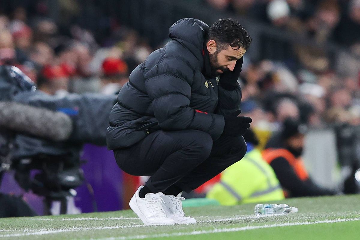 Ruben Amorim, head coach of Manchester United, looks dejected during the Premier League match between Manchester United and Wolverhampton Wanderers