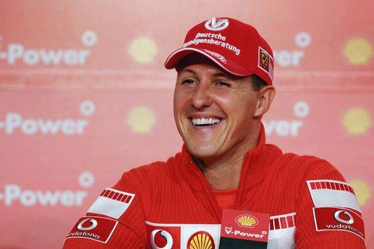 Michael Schumacher smiling at F1 press conference