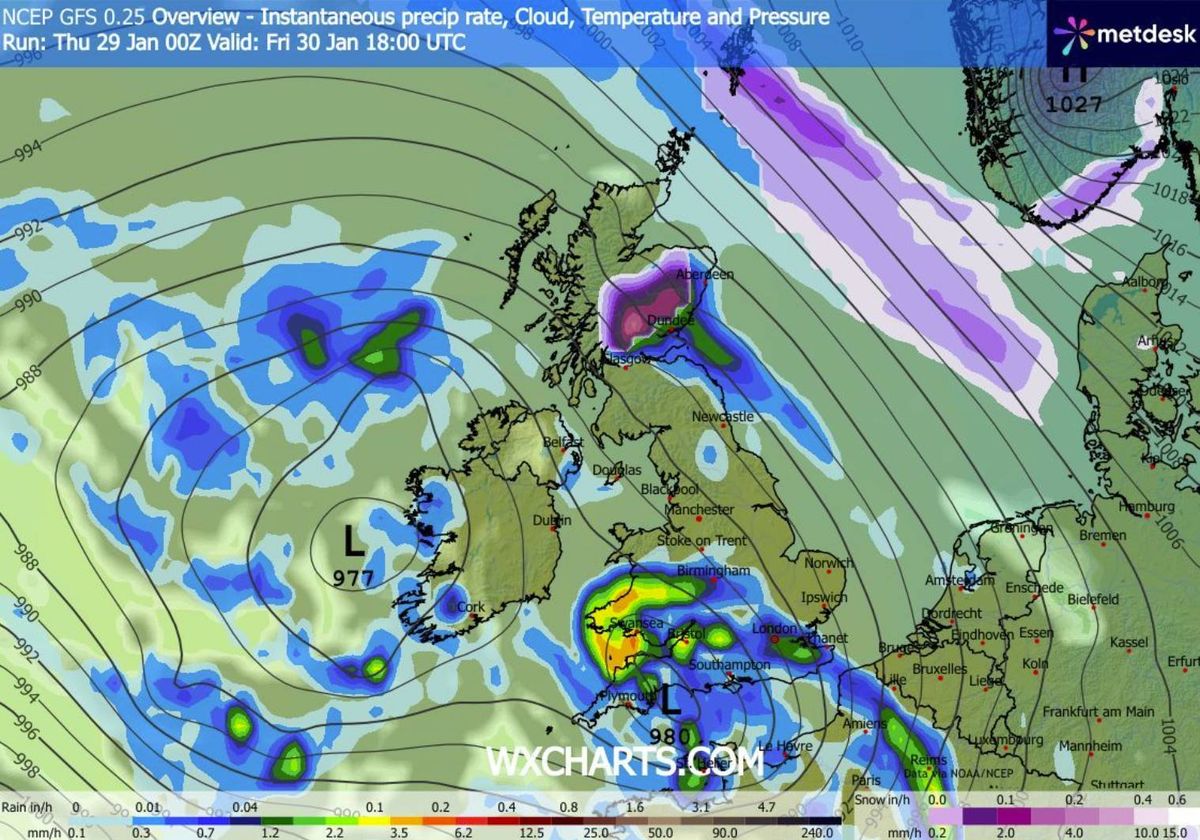 A meteorological map displaying various weather patterns over a geographical region, indicating areas of high and low pressure, temperature variations, and precipitation forecasts through a color-coded scheme.