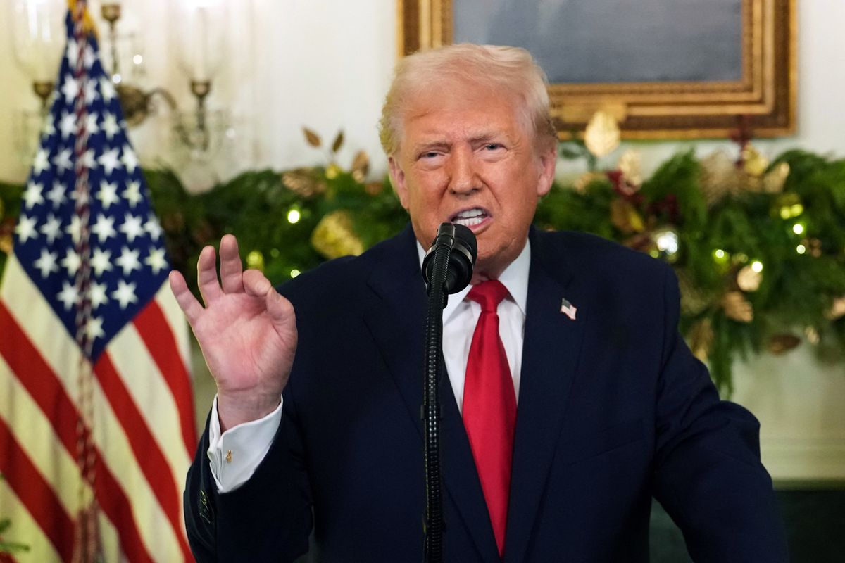 US President Donald Trump addresses the nation from the Diplomatic Reception Room of the White House in Washington, DC