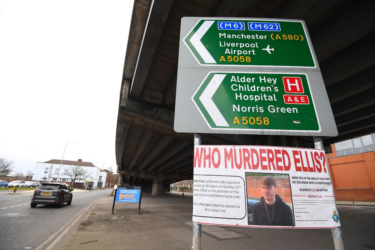 Ellis Cox appeal poster on Rice Lane, near the Liverpool Loop Line