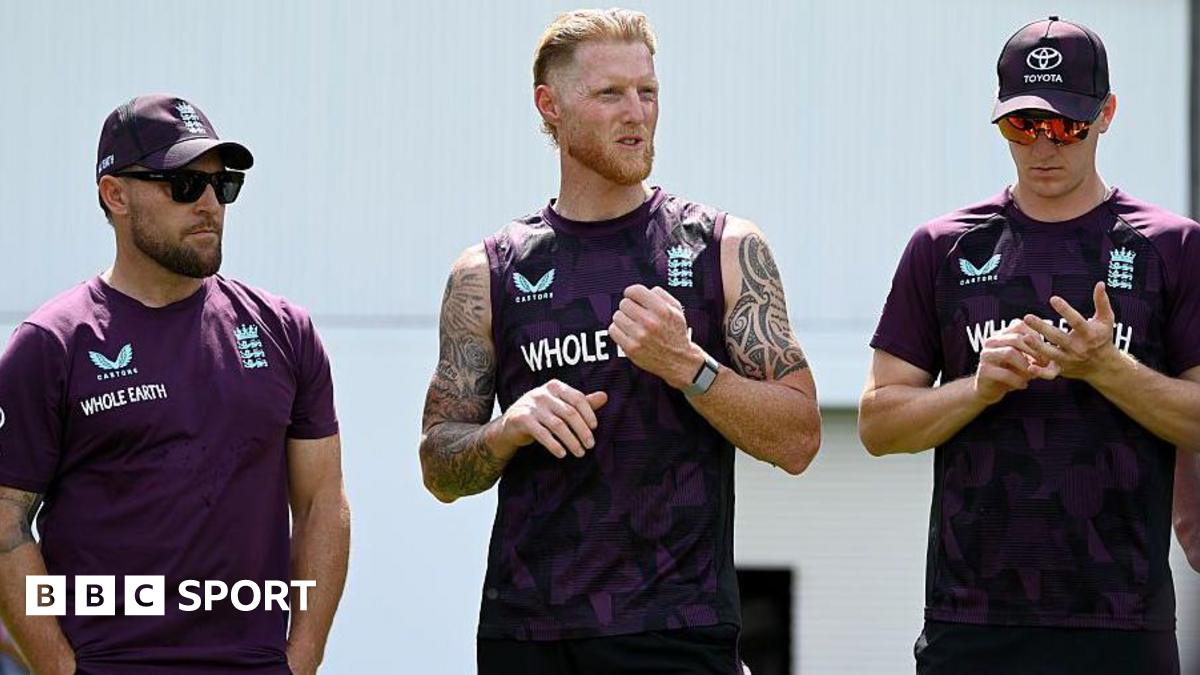 England captain Ben Stokes speaks to the team alongside coach Brendon McCullum and Harry Brook during a net session at Edgbaston in June