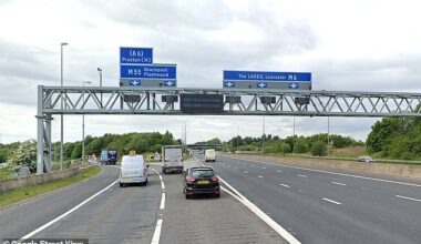 The road was closed for almost two hours while emergency services dealt with the incident at junction 32 where the M6 southbound links to the M55 (pictured)