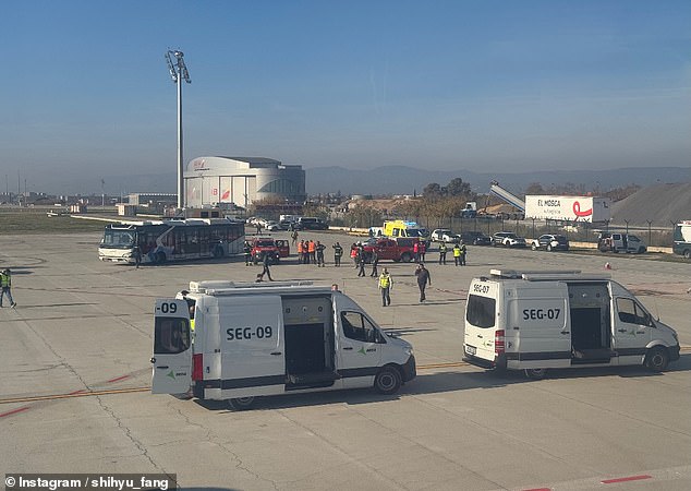Footage from the plane shared to social media appeared to show dozens of police officers and airport security staff, as well as at least one ambulance, on the tarmac outside the plane