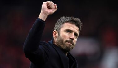 Michael Carrick celebrates after guiding Manchester United to a derby day victory in his first game back in charge at Old Trafford