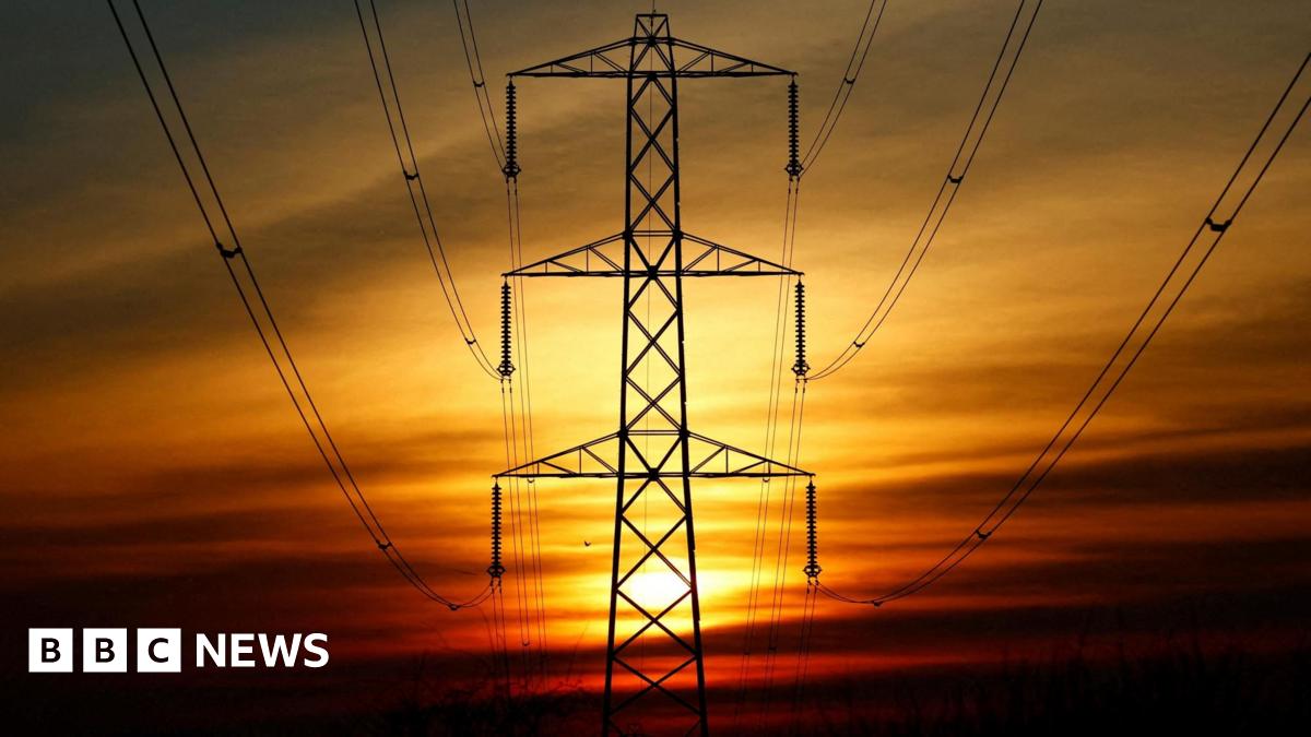 The sun sets behind an electricity pylon.