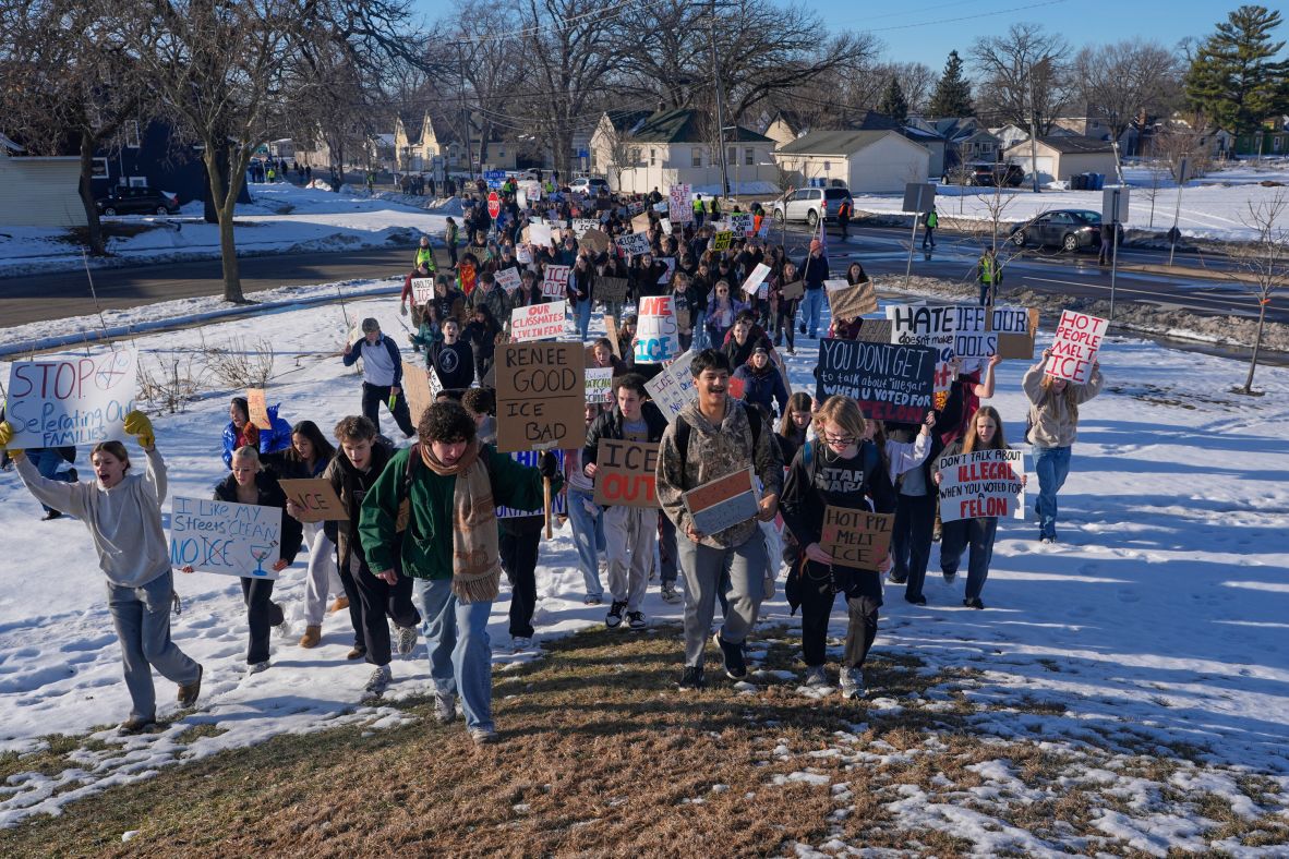 Students from Roosevelt High School in Minneapolis take part in a walkout on January 12.