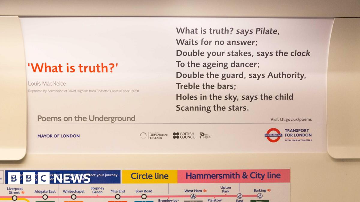 A close up of a advertising card in a Tube carriage with poem printed on it called What is Truth? by Louis Macneice.