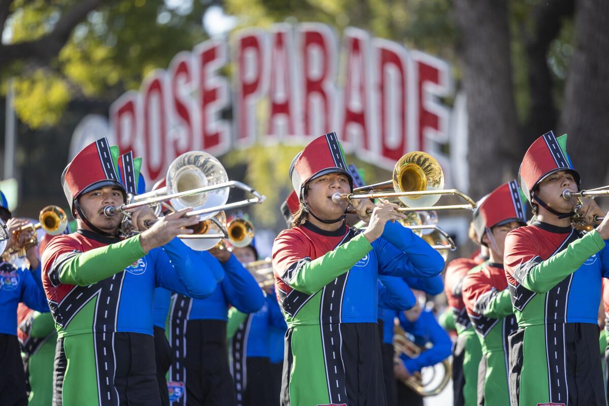 A marching band performs at the Rose Parade.