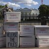 During an anti-Trump protest outside the White House in Washington, D.C., on Sept. 2, 2025, demonstrators set up file boxes to represent the Epstein files. Some boxes are labeled "release the files" or "classified Epstein files."