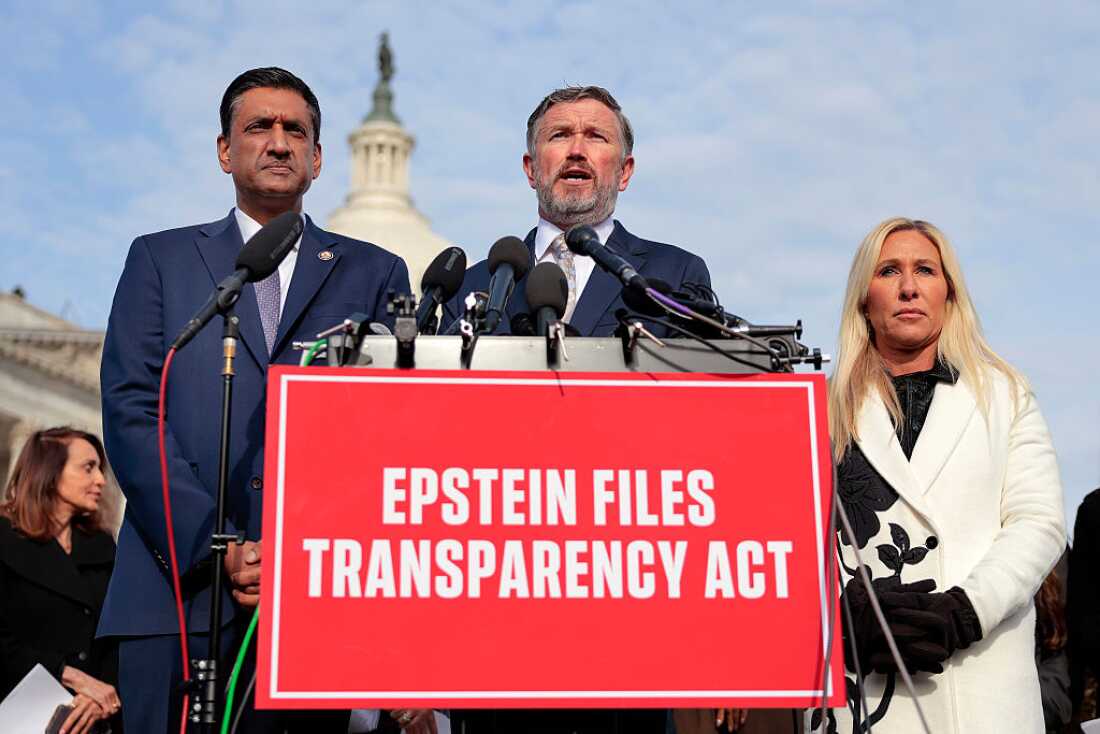 Reps. Thomas Massie, R-K.Y. (center); speaks alongside Ro Khanna, D-Calif.; and Marjorie Taylor Greene, R-Ga., during a news conference on the Epstein Files Transparency Act outside the U.S. Capitol on Nov. 18, 2025 in Washington, DC. The House is expected to vote today on the legislation, which instructs the U.S. Department of Justice to release all files related to the late accused sex trafficker Jeffrey Epstein. (Photo by Heather Diehl/Getty Images)