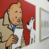 An enlarged cartoon of Tintin and his dog Snowy pictured on display at Paris' Pompidou Cultural Center.
