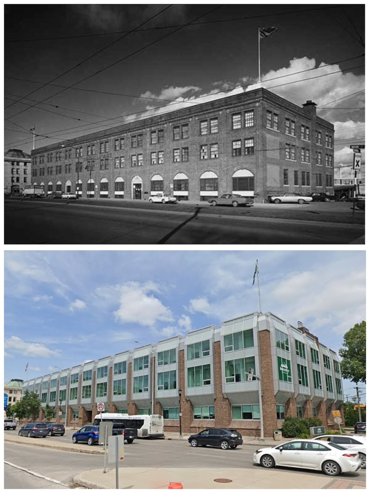 A split-image showing a black and white image of a three-storey building at top and a modern version of it at bottom.