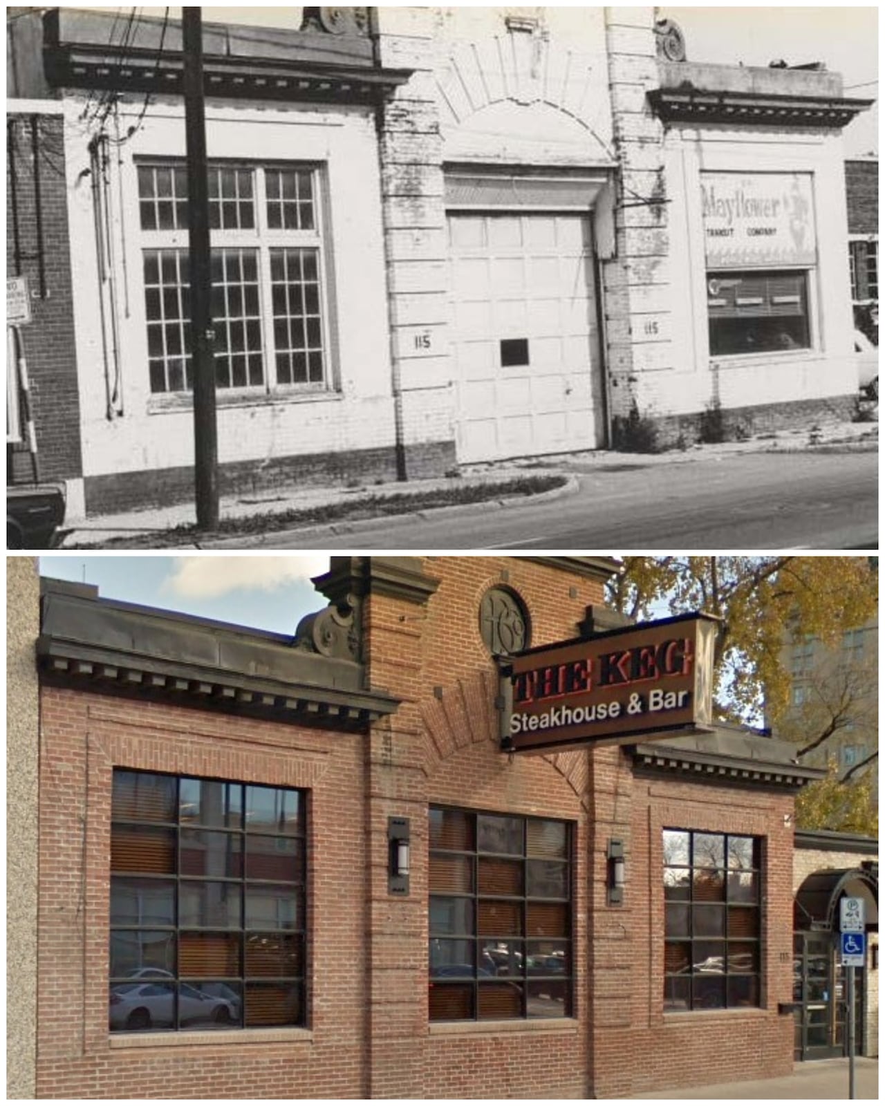 A split image of a one-storey brick building. The top image is in black and white, the bottom is in colour.