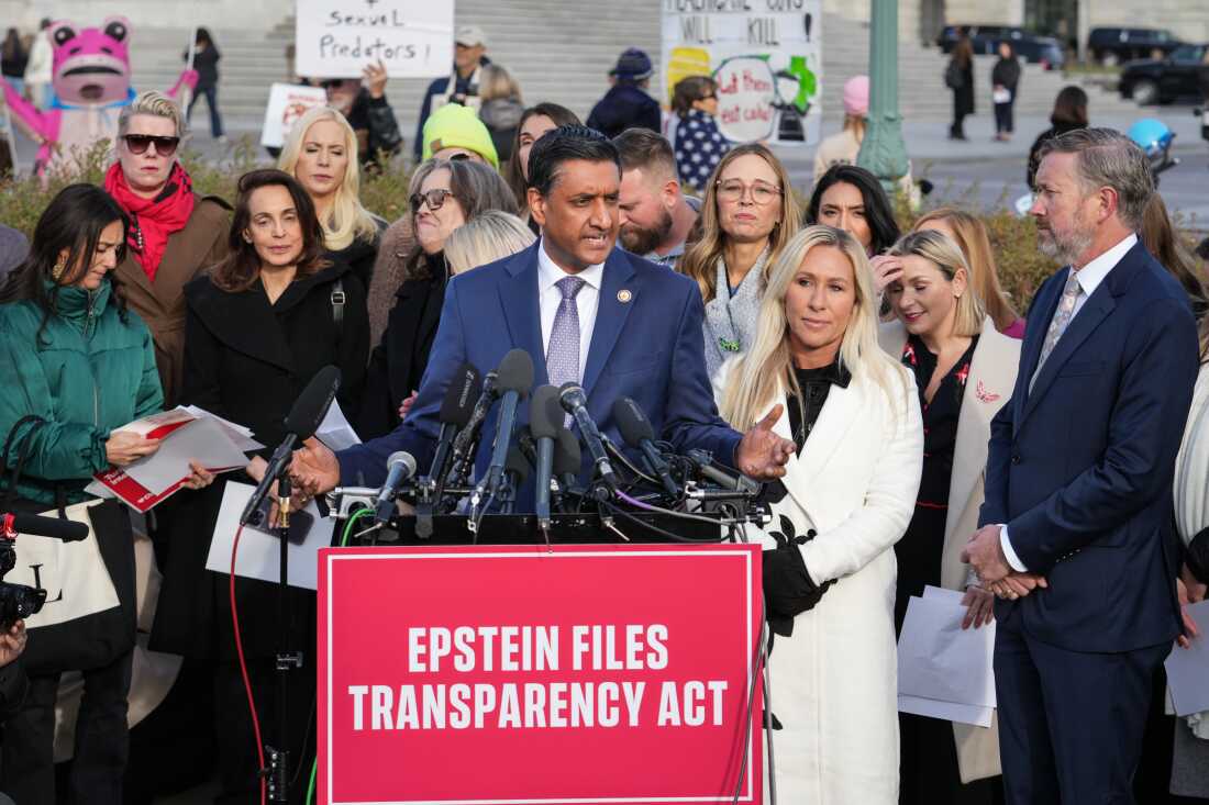 Rep. Ro Khanna, D-Calif., former Rep. Marjorie Taylor-Greene, R-Ga., and Rep. Thomas Massie, R-Ky., speak during a news conference as the House prepares to vote on the Epstein Files Transparency Act, at the Capitol in Washington, Tuesday, Nov. 18, 2025.
