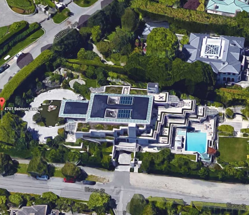 An overhead view of a large mansion