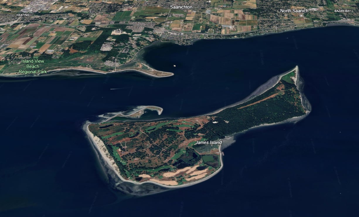 A Google Earth image from above of a small Gulf Island labelled James Island in the foreground and the shores of Saanichton and North Saanich labelled in the background