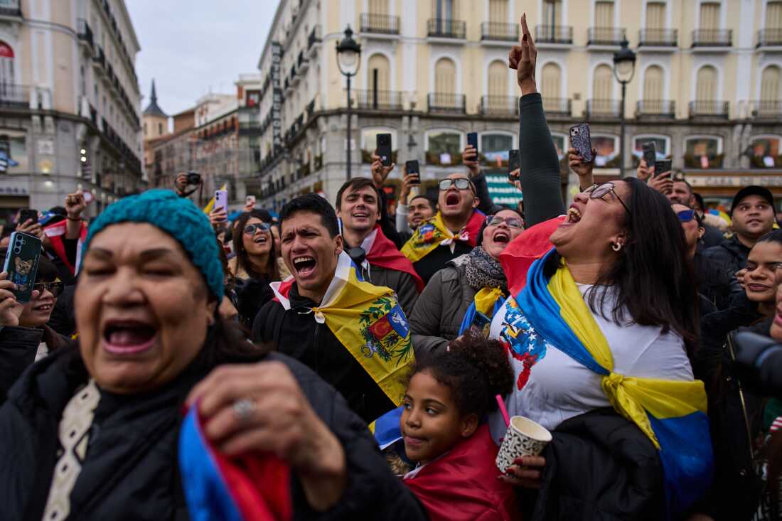 Venezuelans celebrate in Madrid after U.S. President Donald Trump announced that Venezuelan President Nicolás Maduro had been captured and flown out of the country.