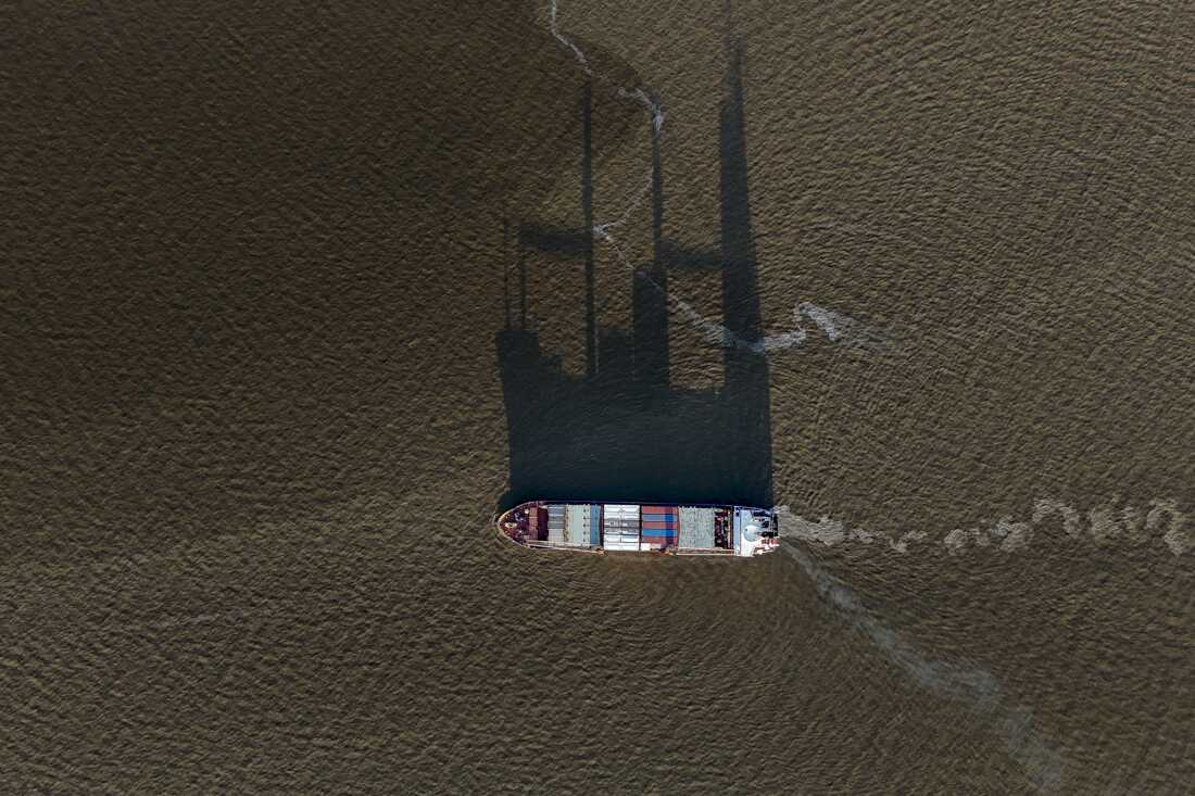 Aerial view of a ship at the Demerara river in Georgetown, Guyana on August 29, 2025.