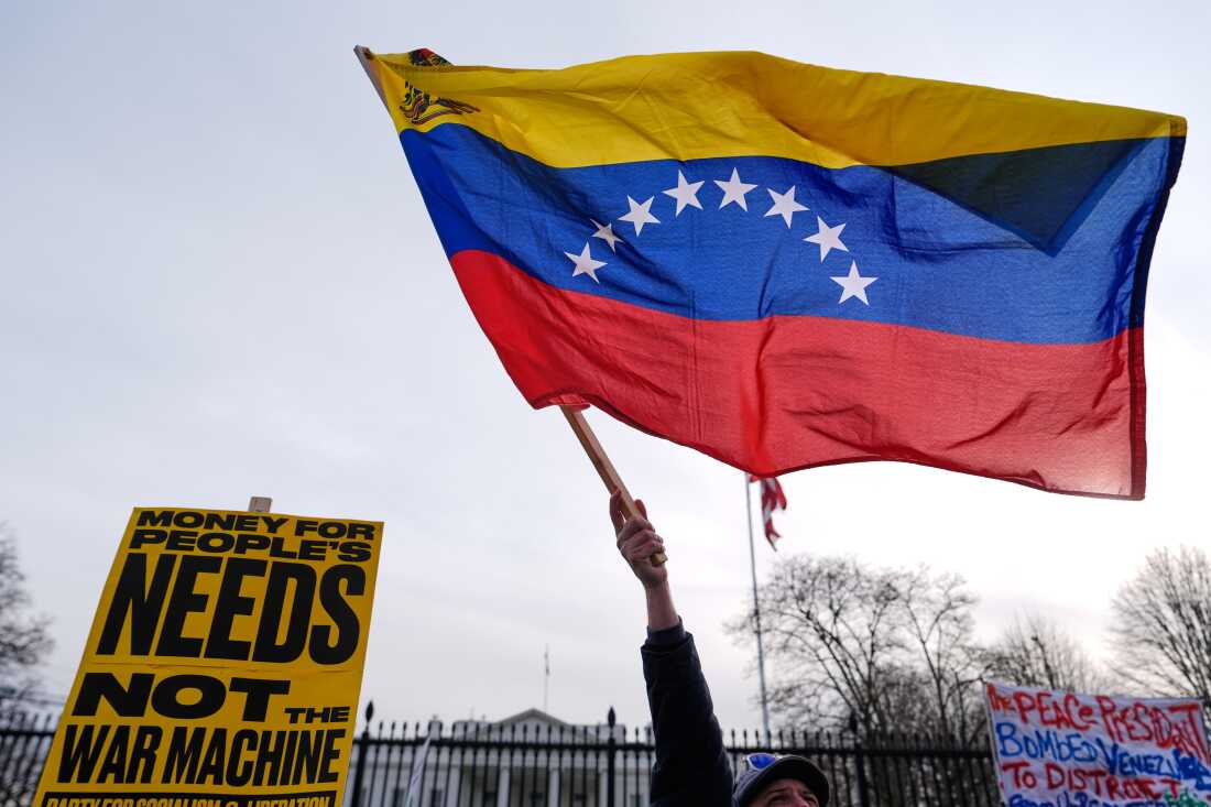 Protesters rally outside the White House Saturday, Jan. 3, 2026, in Washington, after the U.S. captured Venezuelan President Nicolás Maduro and his wife in a military operation.