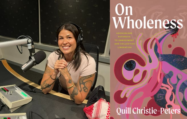 On the left: a smiling Indigenous woman sits at a studio microphone. She wears a tan t-shirt and black headphones. On the right: a book cover with a swirling Anishinaabe design in pinks, reds, and navy blue on a brown background.