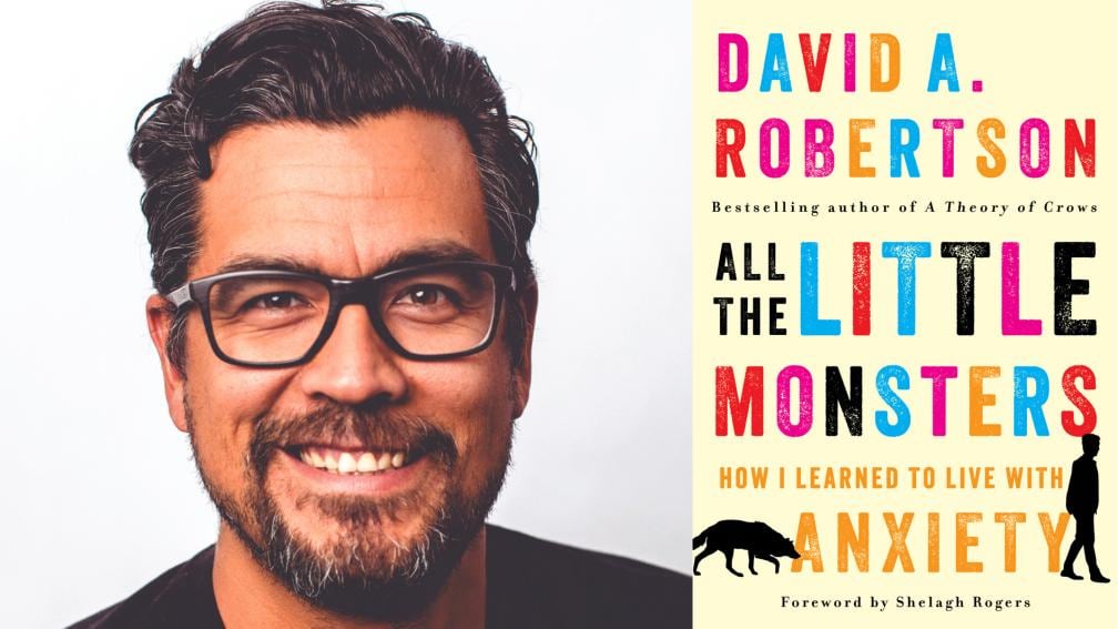 A dark-haired bearded man wearing glasses smiling for the camera and a book cover with colorful letters on a pale yellow background and two black silhouettes of a man being followed by a wolf